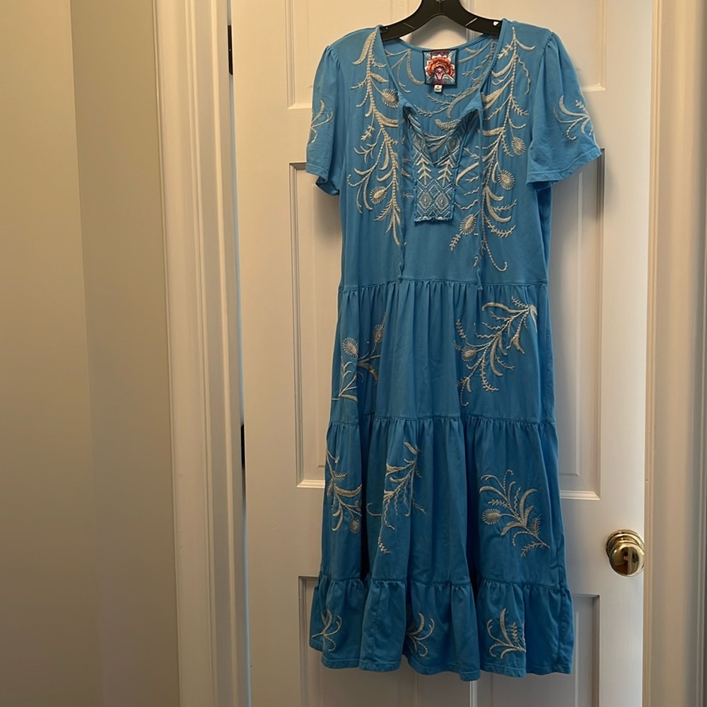 Johnny Was Blue and White Ruffled Midi Dress